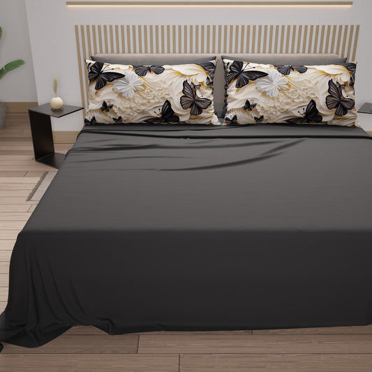 Lenzuola in Cotone, Completo Letto con Federe in Stampa Digitale Mariposa 05 Nero
