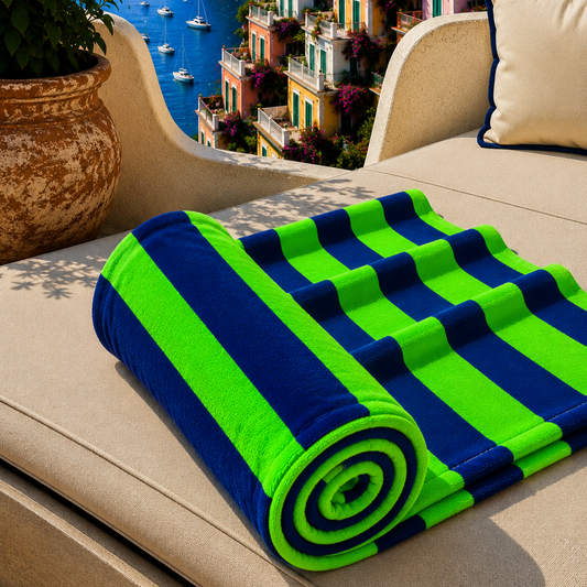 Telo Mare Microfibra, Asciugamano Mare, Telo per Lettino Righe Verde Fluo/Blu Notte.
