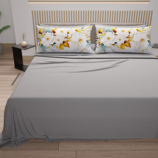 Draps en Coton, Parure de Lit avec Taies d'Oreiller en Impression Numérique Flower Ceramic 01 Gris Clair