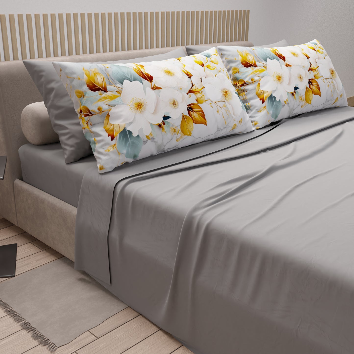 Lenzuola in Cotone, Completo Letto con Federe in Stampa Digitale Flower Ceramic 01 Grigio Chiaro