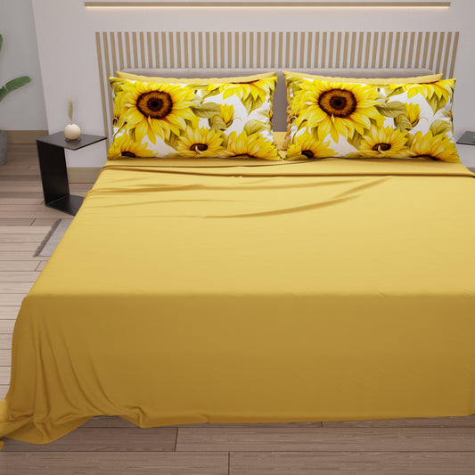 Lenzuola in Cotone, Completo Letto con Federe in Stampa Digitale Girasole