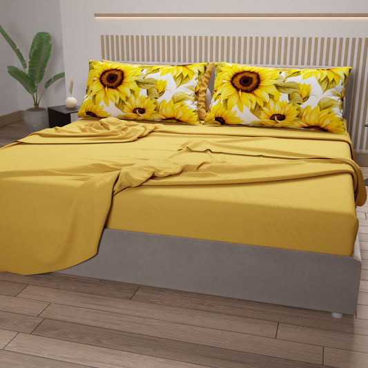 Lenzuola in Cotone, Completo Letto con Federe in Stampa Digitale Girasole