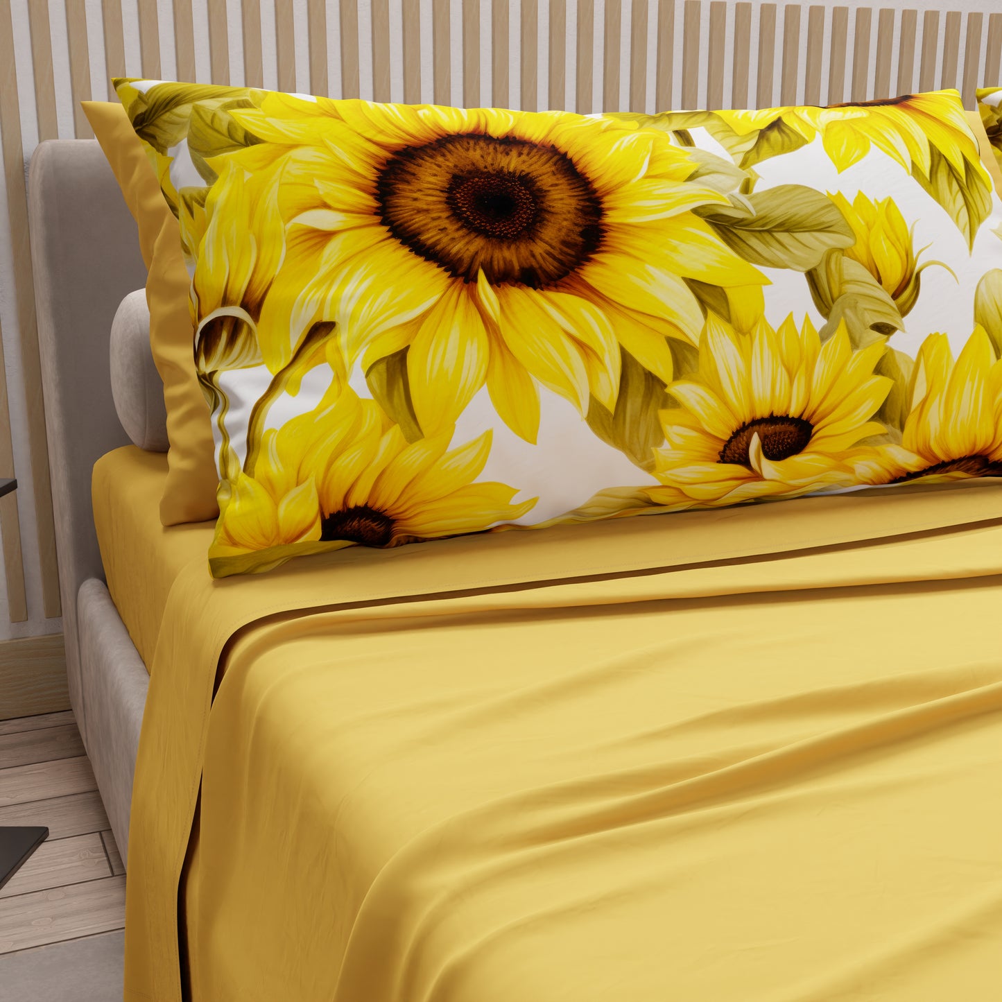 Lenzuola in Cotone, Completo Letto con Federe in Stampa Digitale Girasole