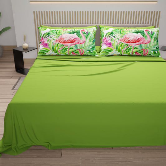 Draps en Coton, Parure de Lit avec Taies d'Oreiller en Impression Numérique Flamant