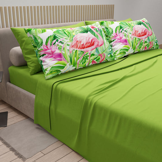 Draps en Coton, Parure de Lit avec Taies d'Oreiller en Impression Numérique Flamant