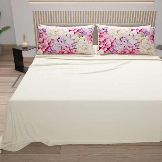 Draps en Coton, Parure de Lit avec Taies d'Oreiller en Impression Numérique Hortensia