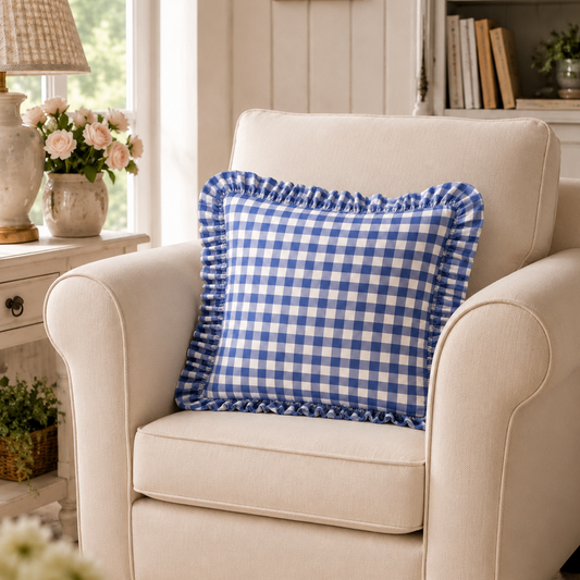 Cuscino Arredo con Rouches A Quadretti Blu Notte