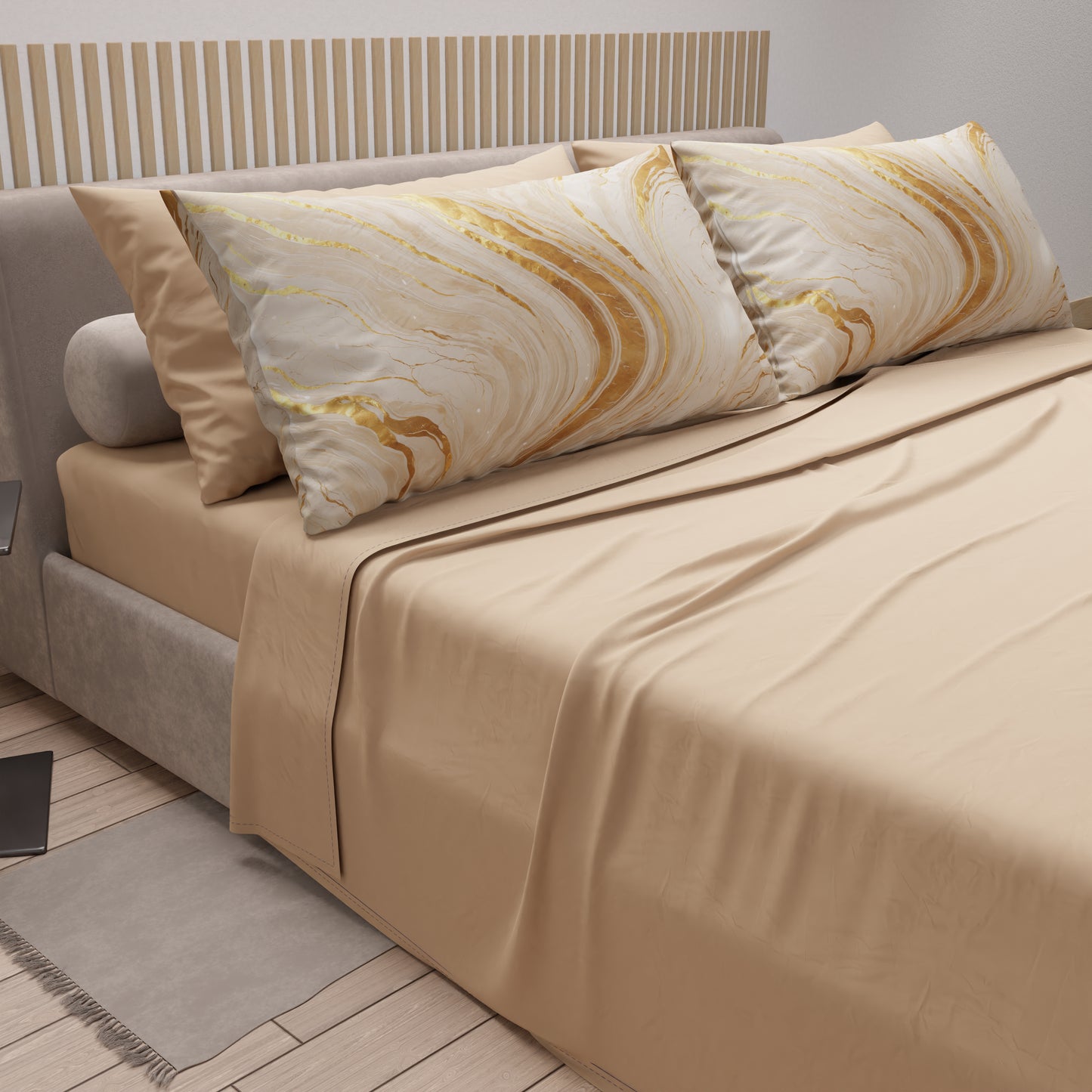 Lenzuola in Cotone, Completo Letto con Federe in Stampa Digitale Marmo Beige