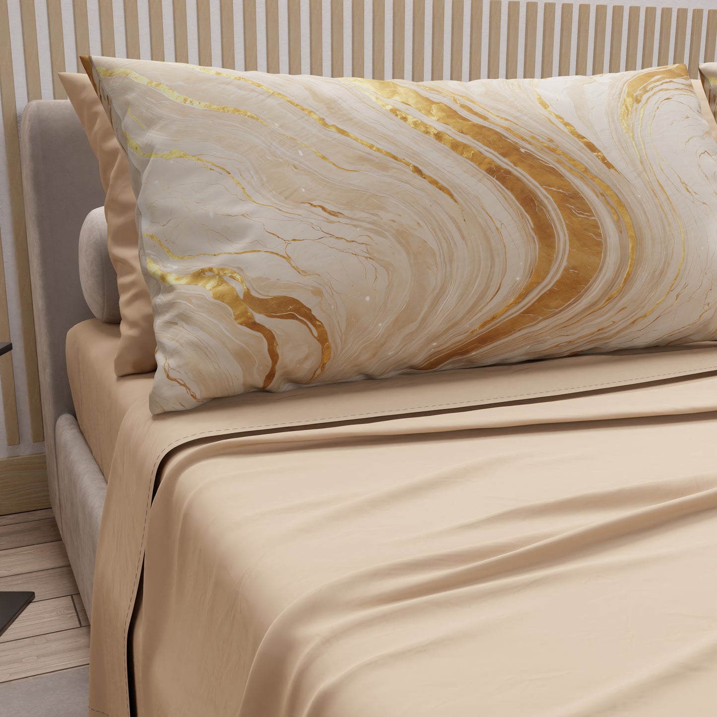 Lenzuola in Cotone, Completo Letto con Federe in Stampa Digitale Marmo Beige