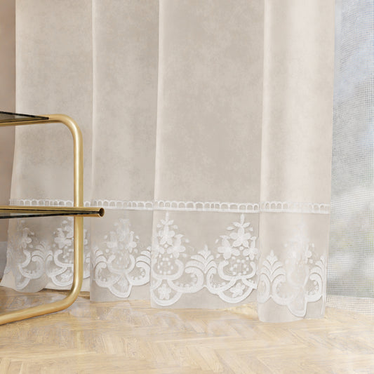 Tenda a Pannello in Velluto per Interni con Anelli e Pizzo Rebrodè, 140x280 cm, Bianco Latte by Sissy