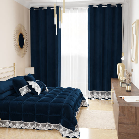 Tenda a Pannello in Velluto per Interni con Anelli e Pizzo Rebrodè, 140x280 cm, Blu by Sissy