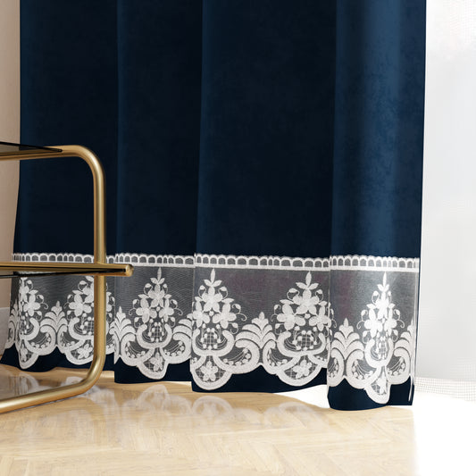 Tenda a Pannello in Velluto per Interni con Anelli e Pizzo Rebrodè, 140x280 cm, Blu by Sissy