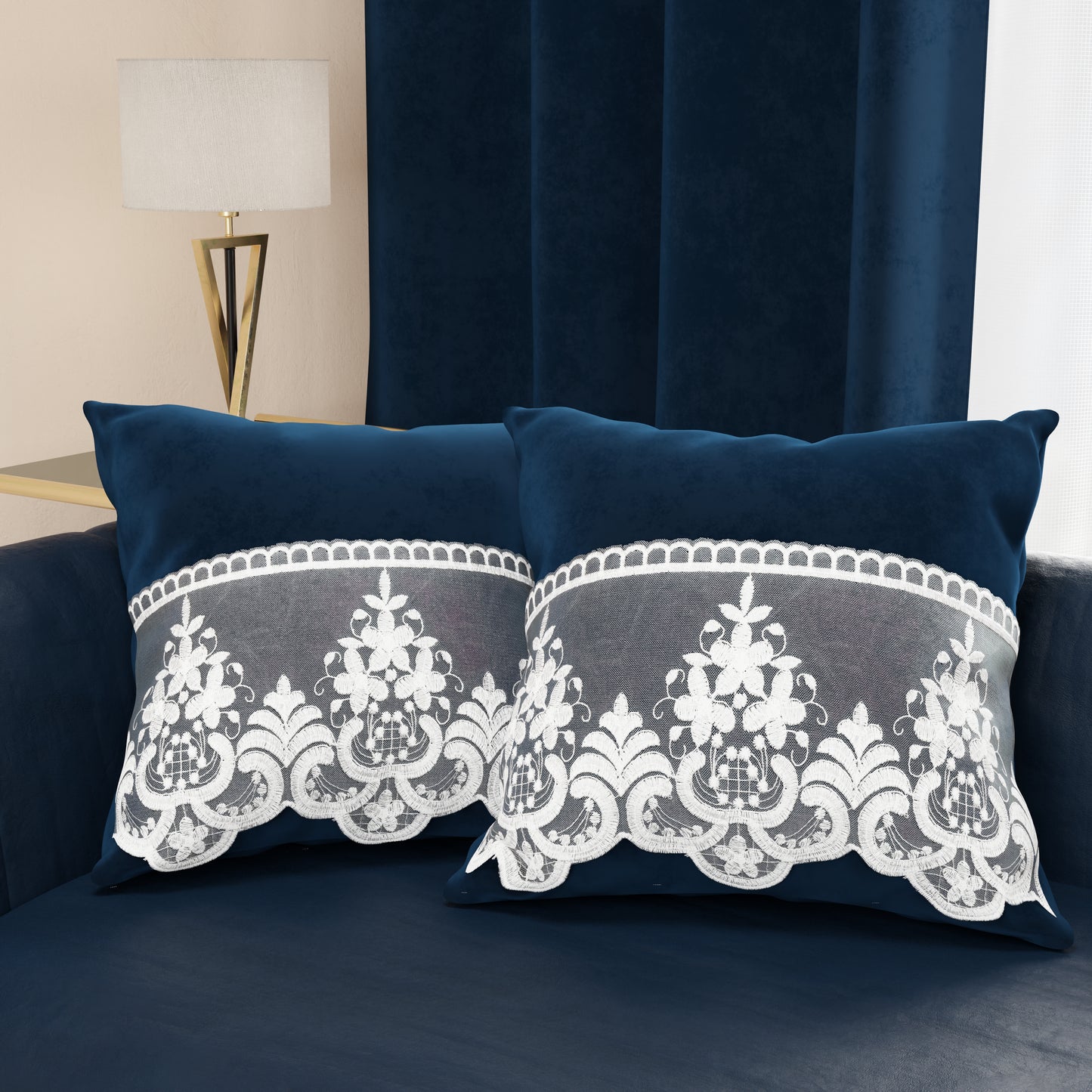 Coussins décoratifs en velours avec volant et dentelle rebrodée 2pcs, coussins de canapé bleu par Sissy