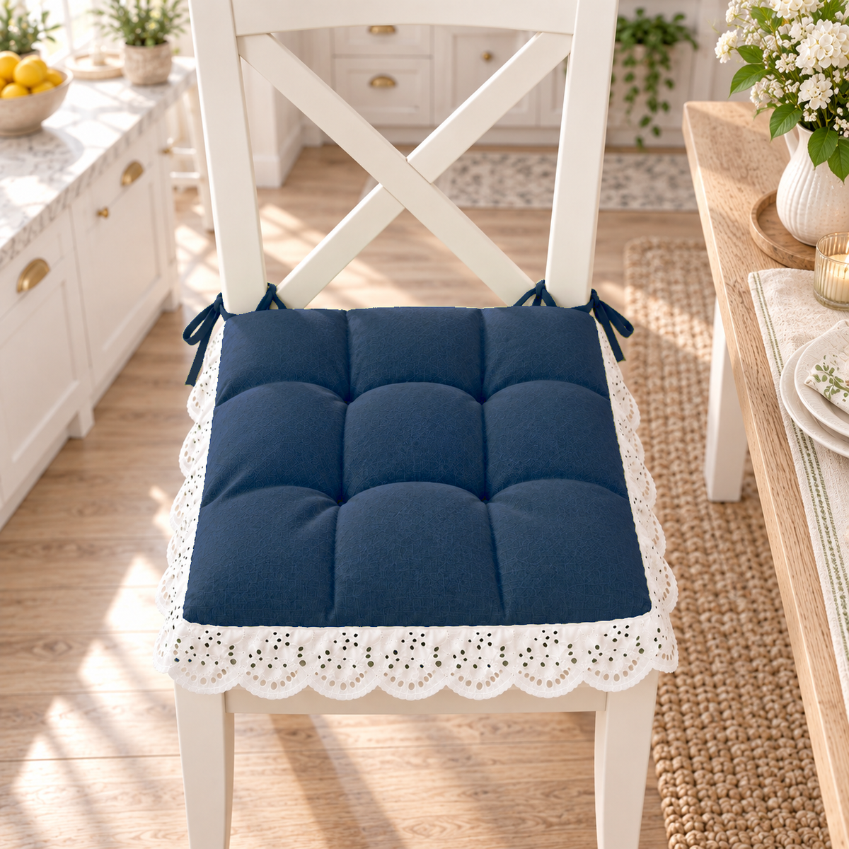 Cuscini per Sedie Quattro Punti in Tinta Unita Shabby Chic con Pizzo San Gallo Blu Notte