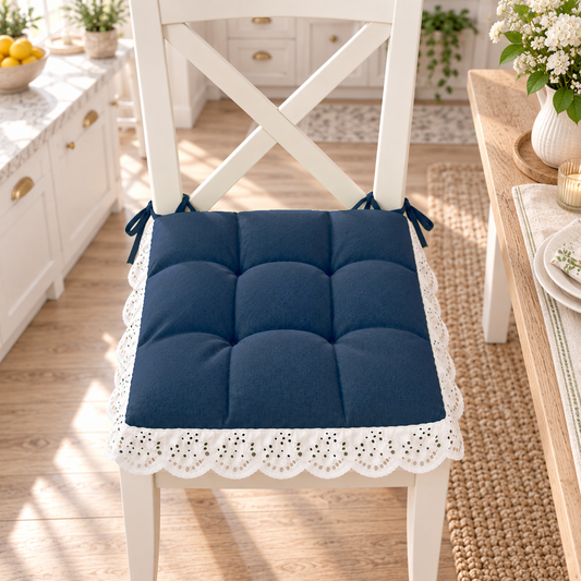 Cuscini per Sedie Quattro Punti in Tinta Unita Shabby Chic con Pizzo San Gallo Blu Notte