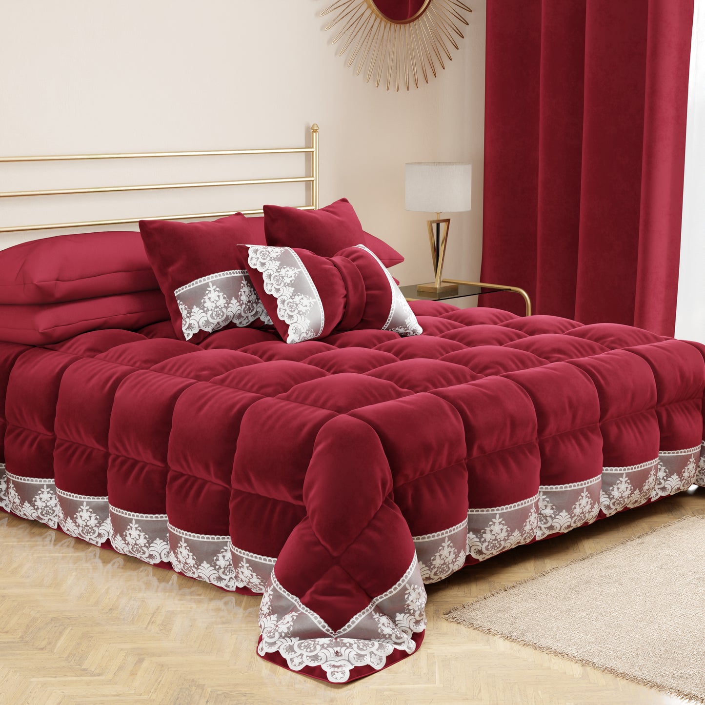 Coussin décoratif nœud en velours avec volant et dentelle rebrodée 40x50 cm, coussin de canapé bordeaux par Sissy