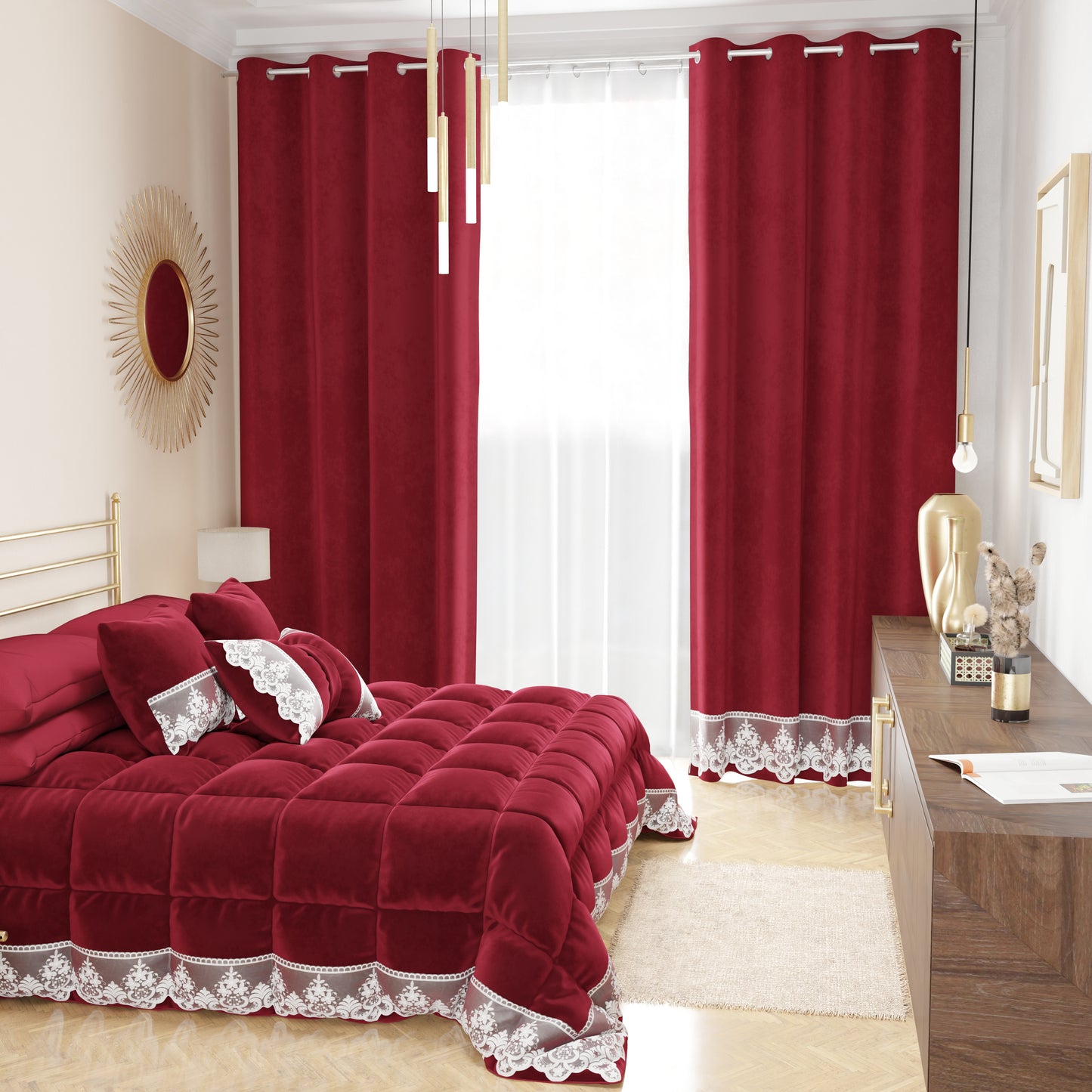 Rideau panneau en velours pour intérieur avec anneaux et dentelle rebrodée, 140x280 cm, bordeaux par Sissy