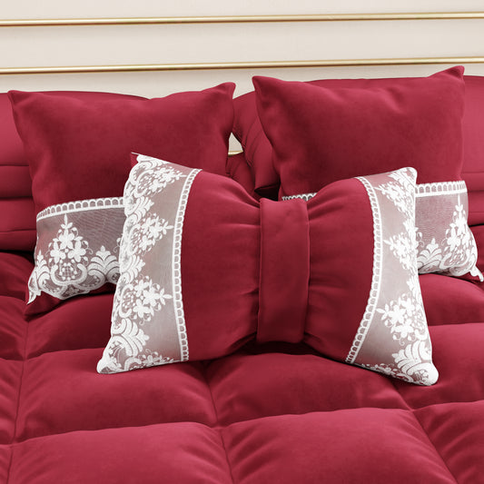 Cuscino Arredo Fiocco in Velluto e Balza con Pizzo Rebrodè 40x50 cm, Cuscino divano Bordeaux By Sissy