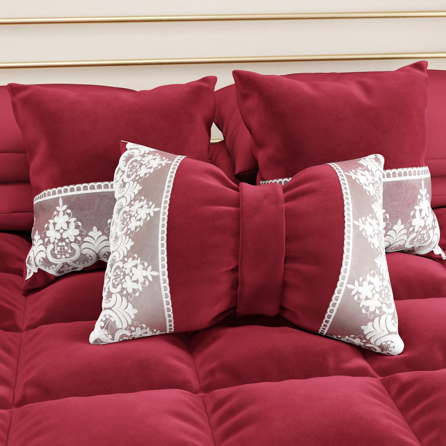 Coussins décoratifs en velours avec volant et dentelle rebrodée 2pcs, coussins de canapé bordeaux par Sissy