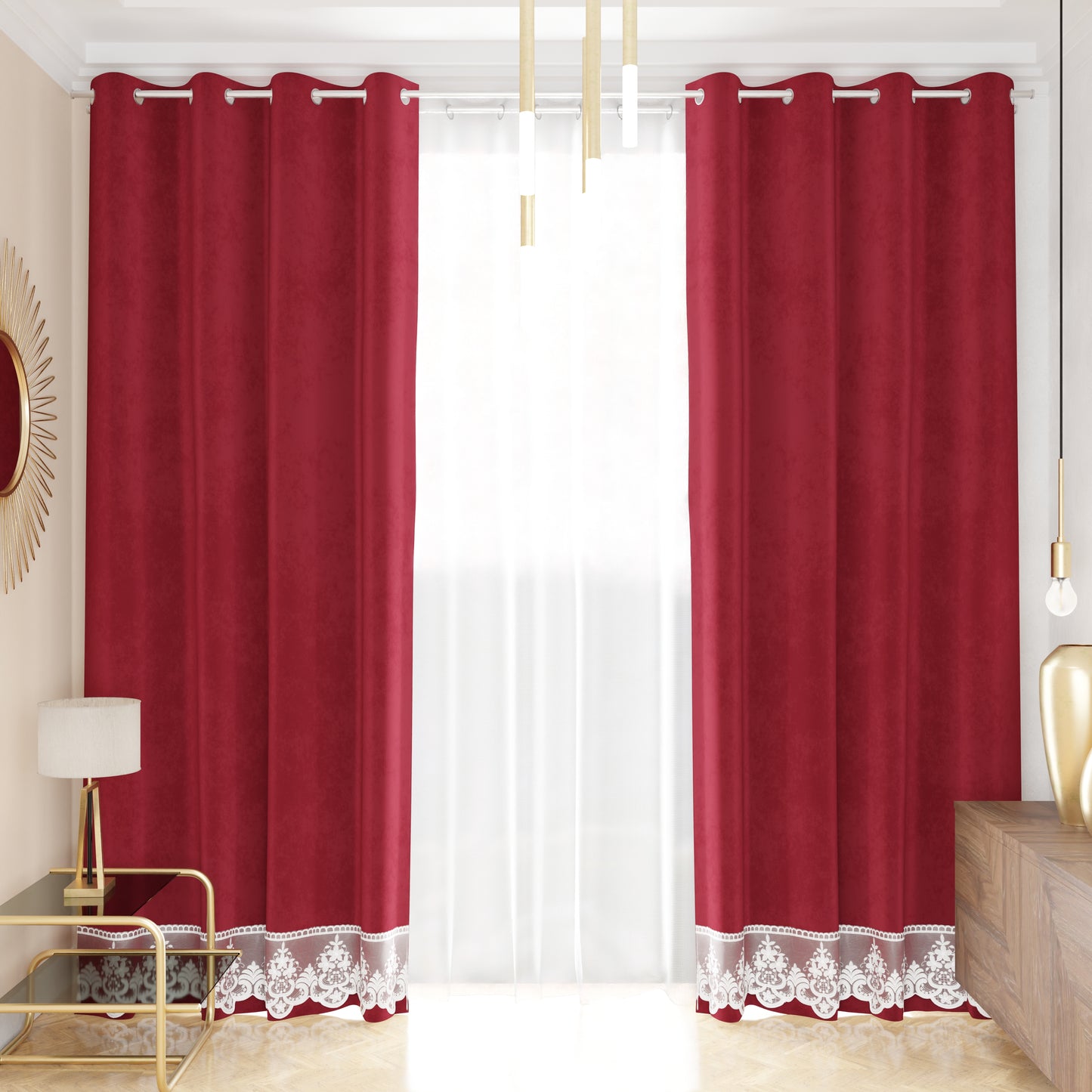 Rideau panneau en velours pour intérieur avec anneaux et dentelle rebrodée, 140x280 cm, bordeaux par Sissy