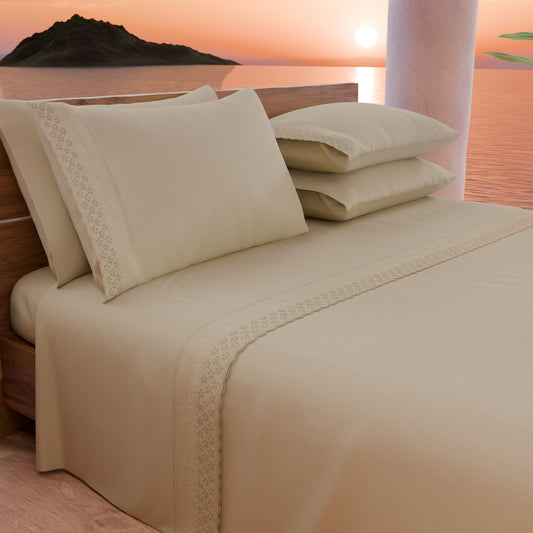 Draps doubles en pur coton percale avec volant en dentelle de San Gallo - Beige