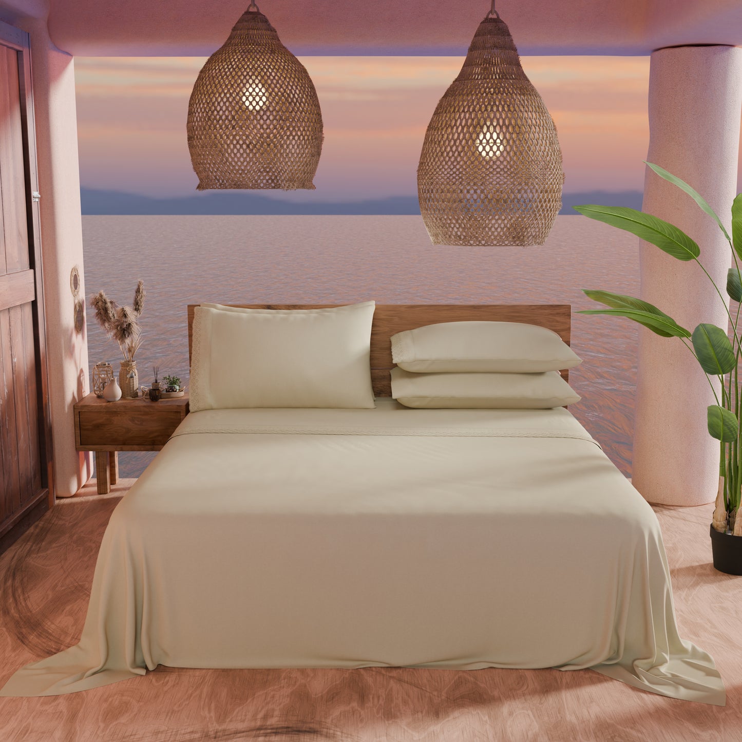 Draps doubles en pur coton percale avec volant en dentelle de San Gallo - Beige