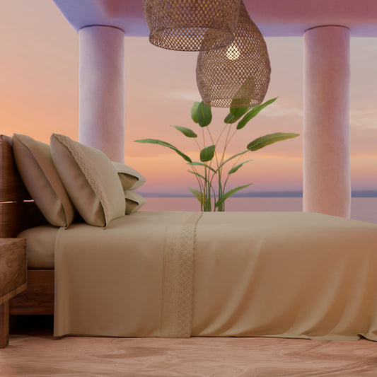 Draps doubles en pur coton percale avec volant en dentelle de San Gallo - Beige