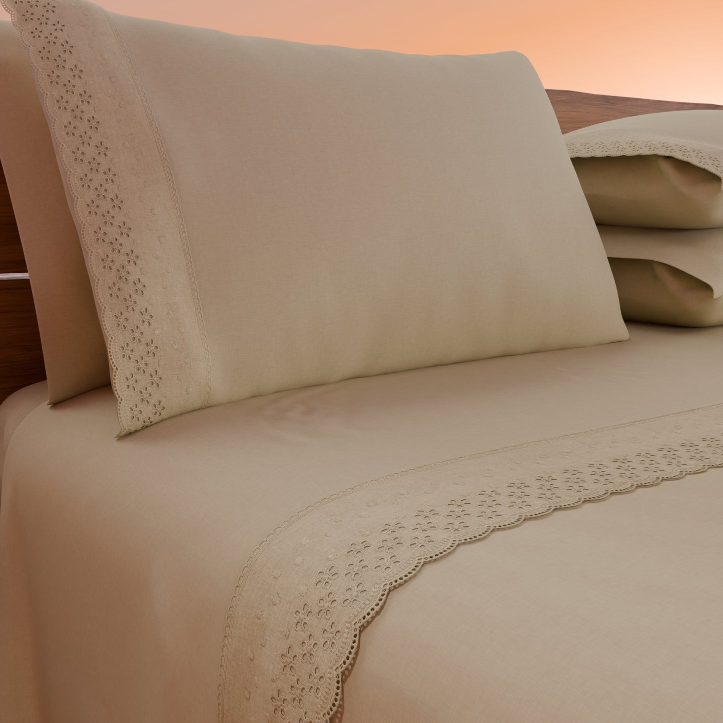 Draps doubles en pur coton percale avec volant en dentelle de San Gallo - Beige