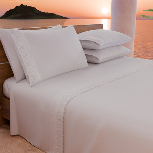 Draps doubles en pur coton percale avec volant en dentelle de San Gallo - Blanc
