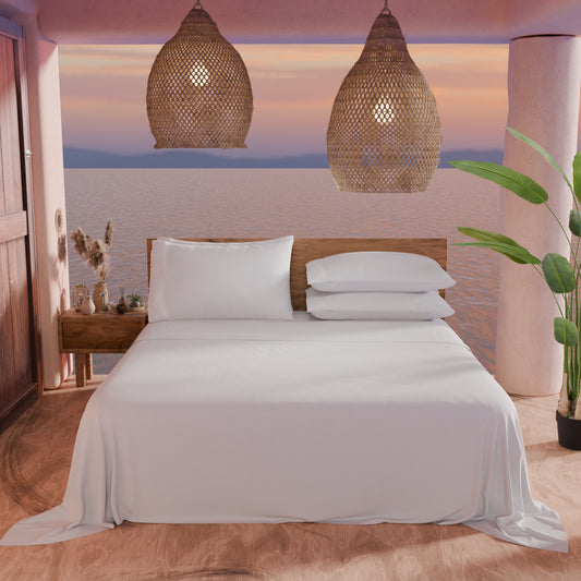 Draps doubles en pur coton percale avec volant en dentelle de San Gallo - Blanc