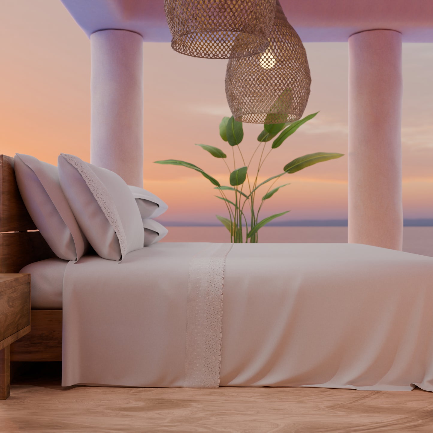 Draps doubles en pur coton percale avec volant en dentelle de San Gallo - Blanc