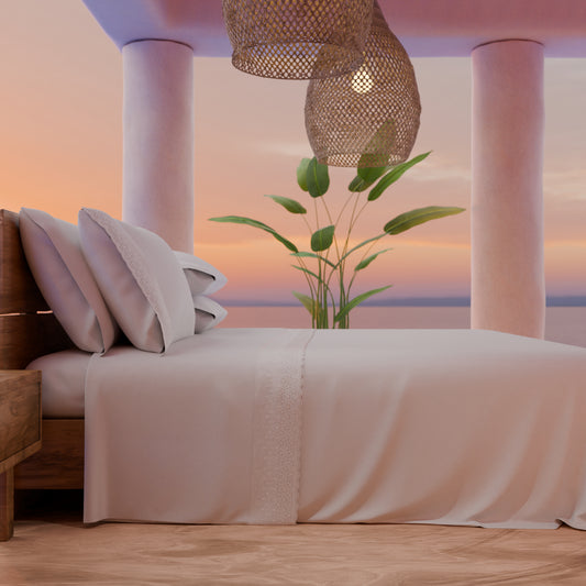 Draps doubles en pur coton percale avec volant en dentelle de San Gallo - Blanc