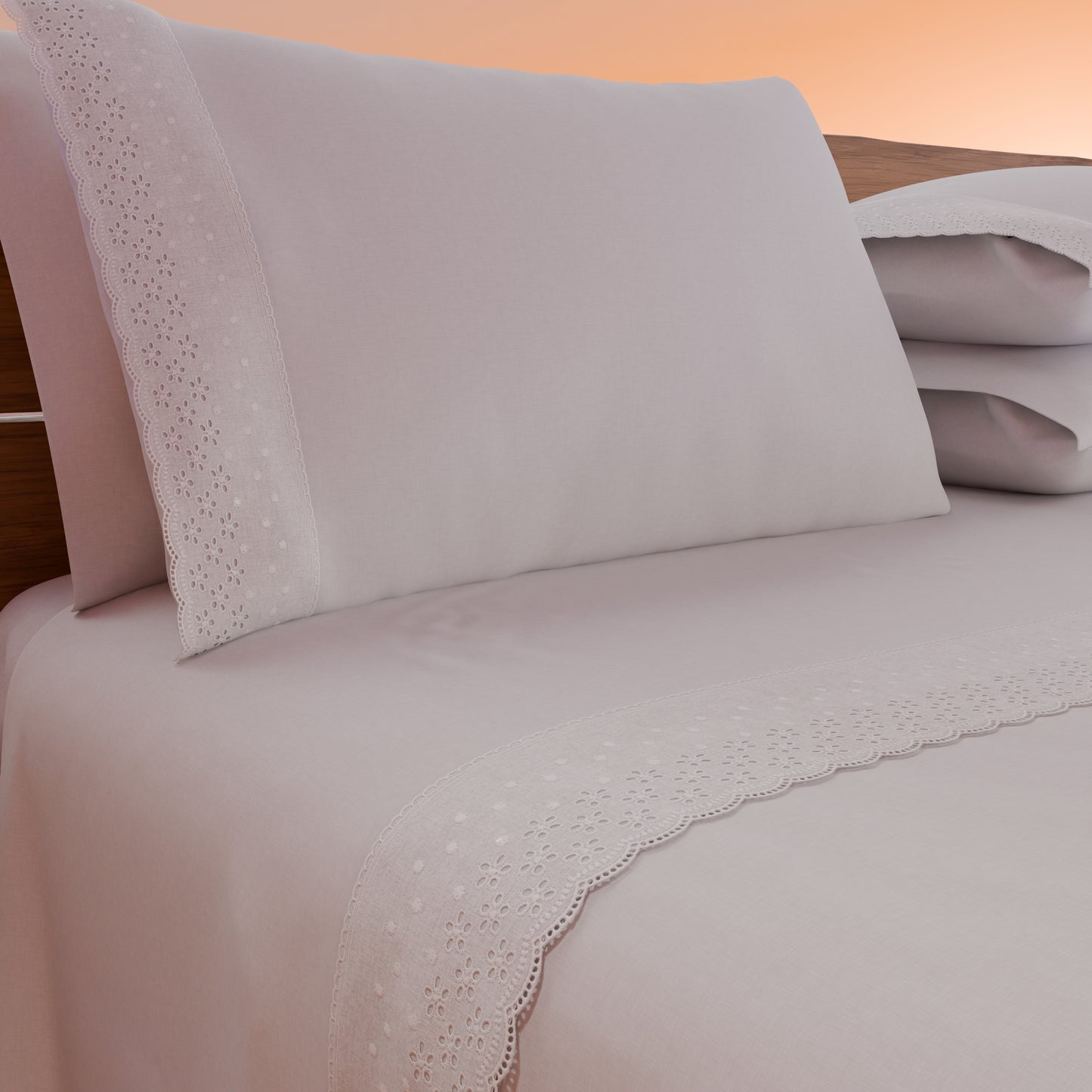 Draps doubles en pur coton percale avec volant en dentelle de San Gallo - Blanc