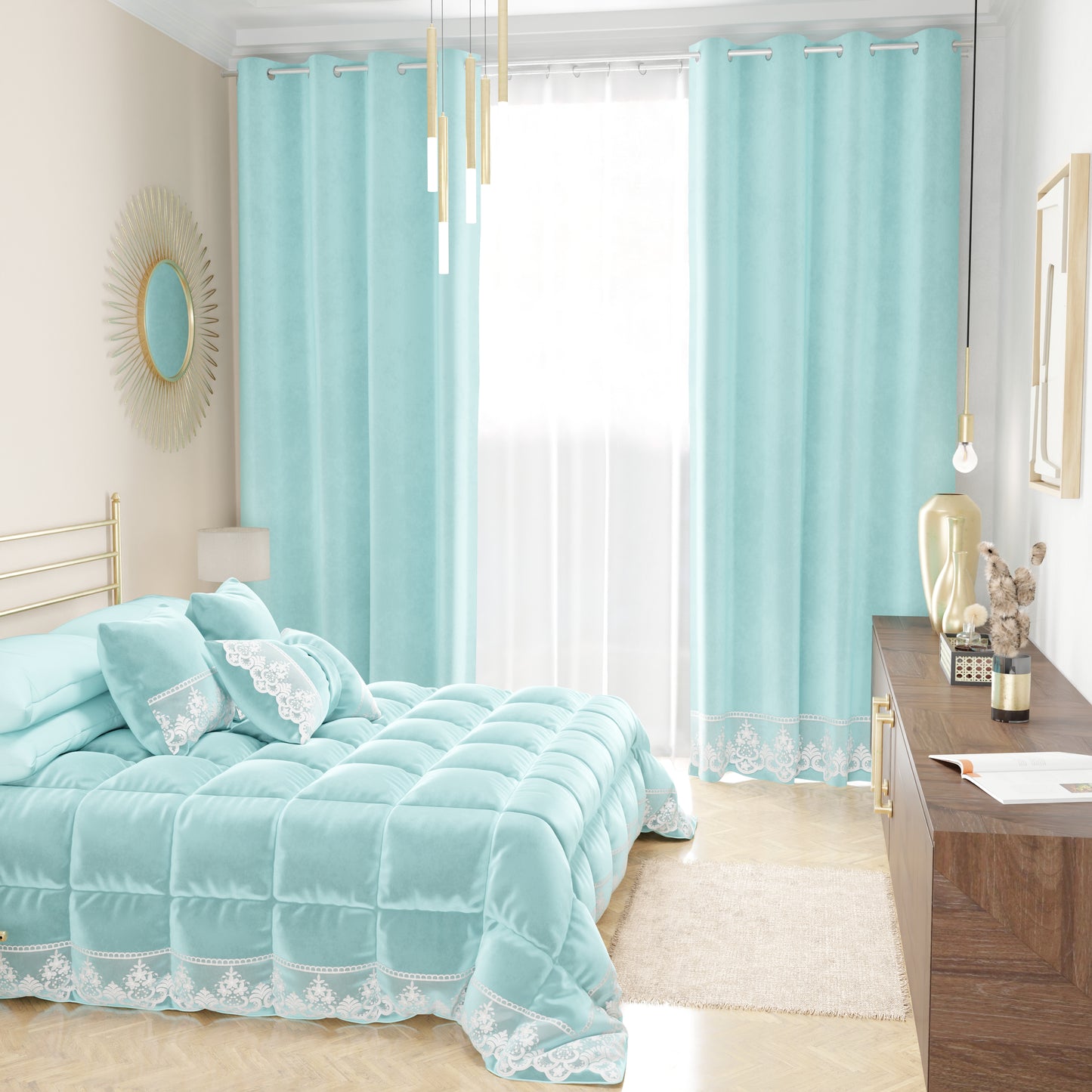 Rideau panneau en velours pour intérieur avec anneaux et dentelle rebrodée, 140x280 cm, ciel par Sissy