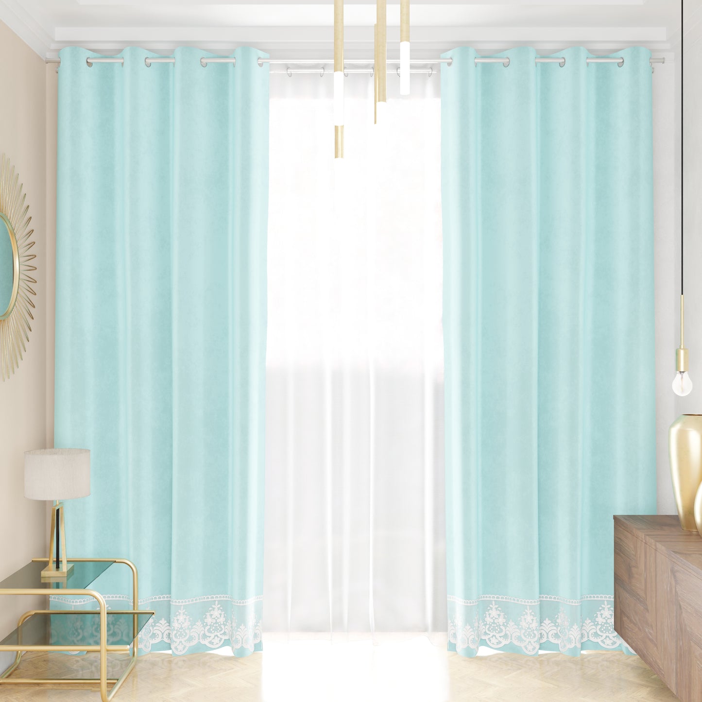 Rideau panneau en velours pour intérieur avec anneaux et dentelle rebrodée, 140x280 cm, ciel par Sissy