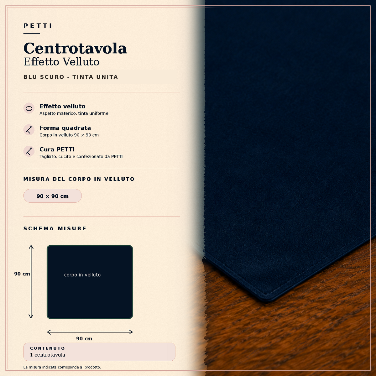 Centrotavola effetto velluto Blu Scuro, 90 × 90 cm — scheda misure e contenuto