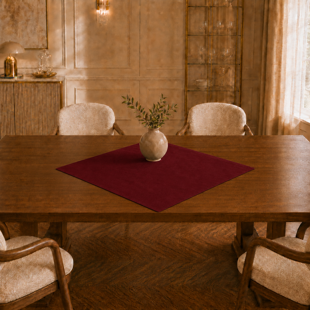 Centrotavola effetto velluto Bordeaux, 90 × 90 cm — vista ambientata