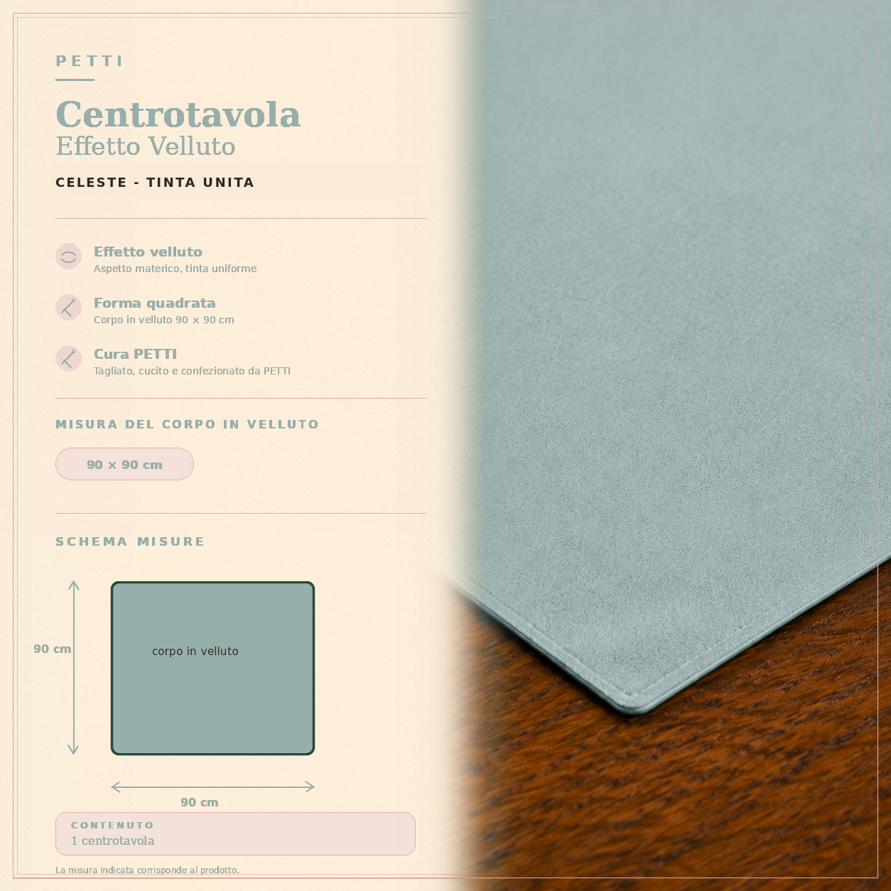 Centrotavola effetto velluto Celeste, 90 × 90 cm — scheda misure e contenuto