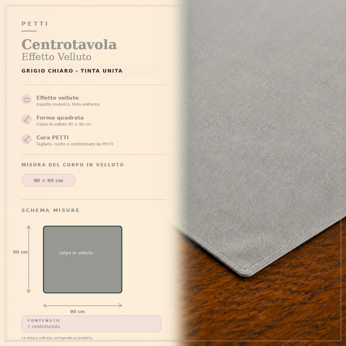 Centrotavola effetto velluto Grigio Chiaro, 90 × 90 cm — scheda misure e contenuto