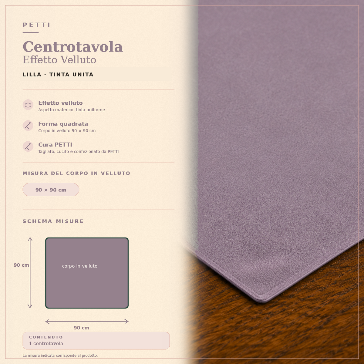 Centrotavola effetto velluto Lilla, 90 × 90 cm — scheda misure e contenuto