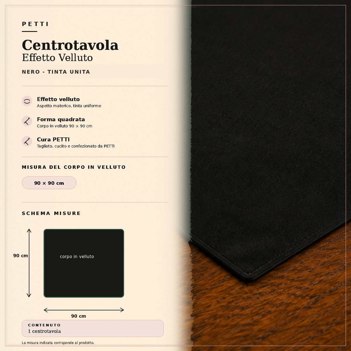 Centrotavola effetto velluto Nero, 90 × 90 cm — scheda misure e contenuto