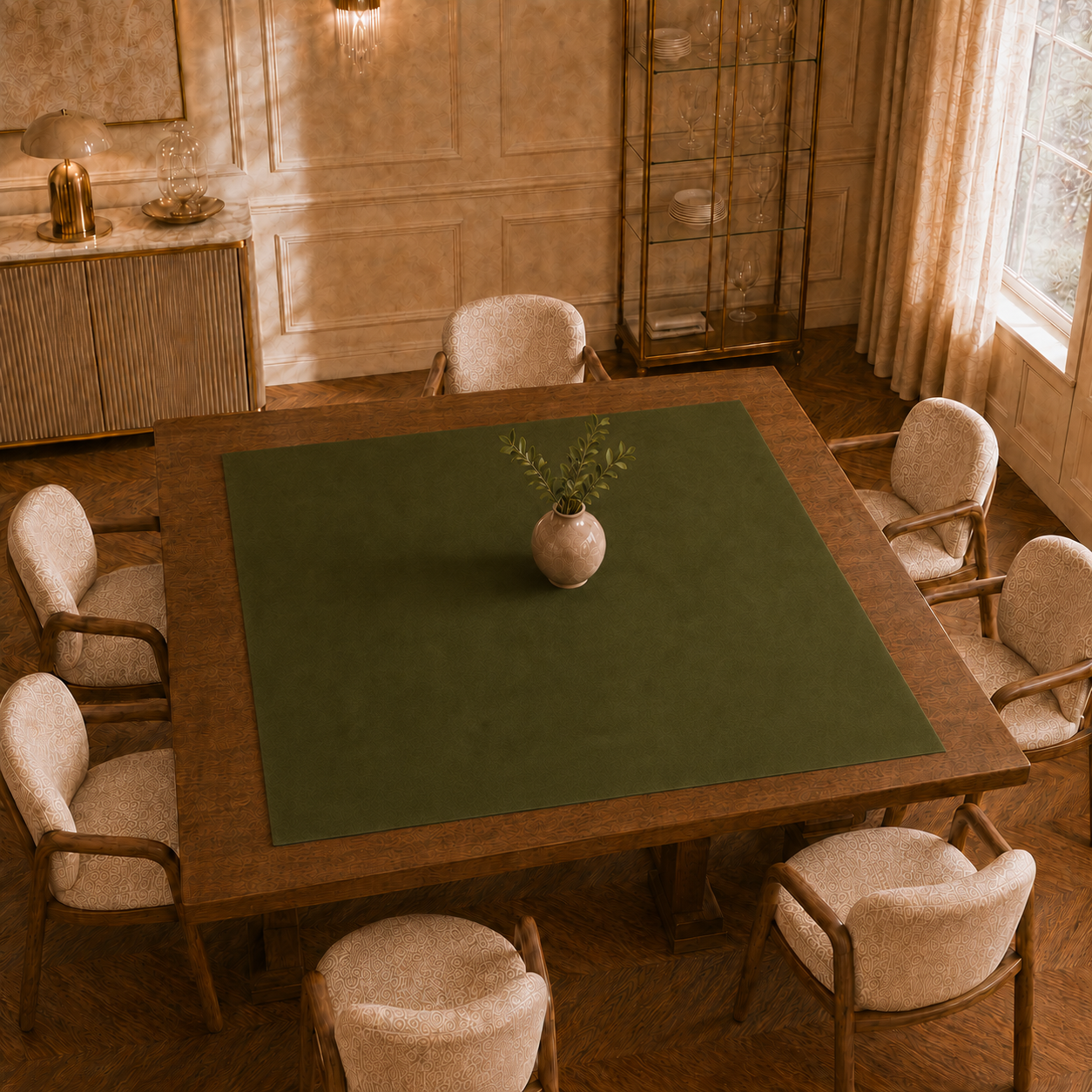 Centrotavola effetto velluto Verde Oliva, 90 × 90 cm — vista dall’alto