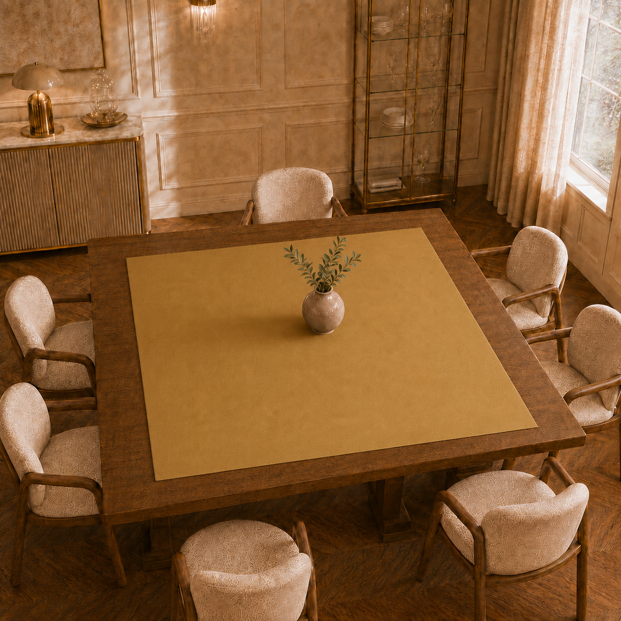 Centrotavola effetto velluto Oro, 90 × 90 cm — vista dall’alto