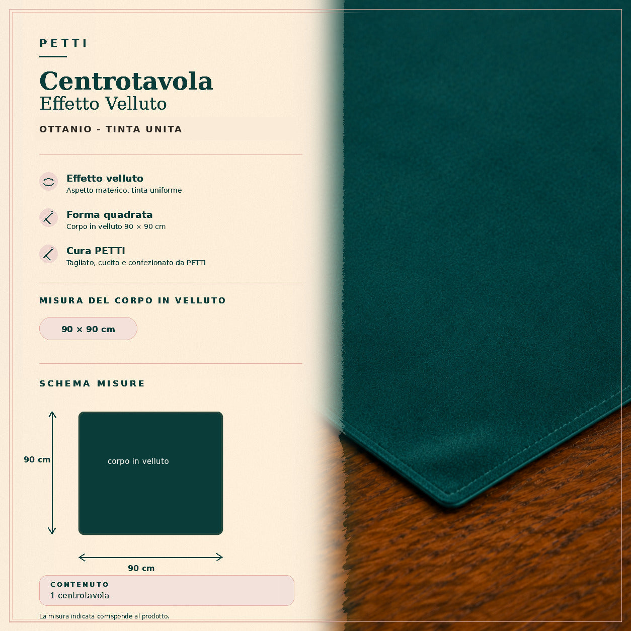 Centrotavola effetto velluto Ottanio, 90 × 90 cm — scheda misure e contenuto