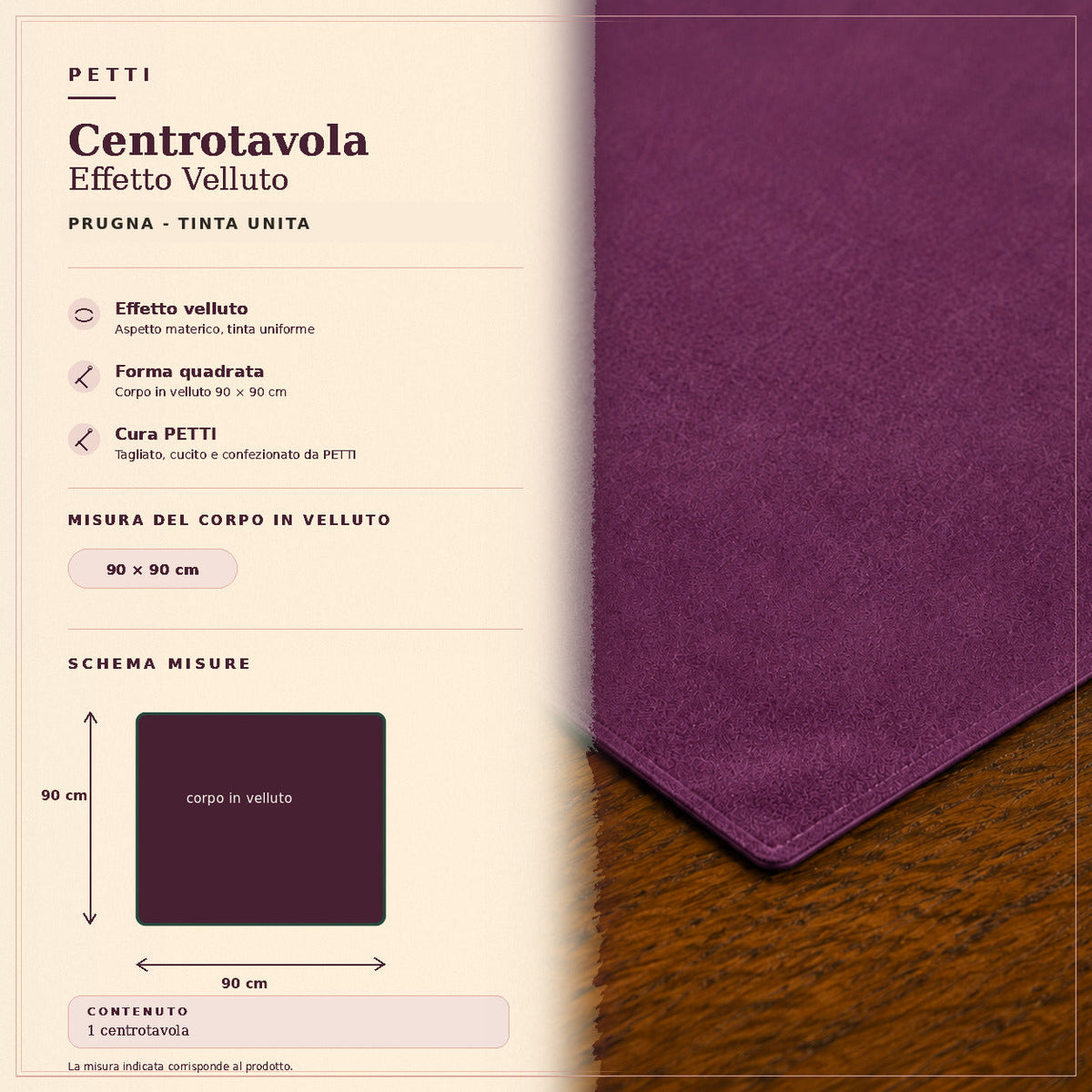 Centrotavola effetto velluto Prugna, 90 × 90 cm — scheda misure e contenuto