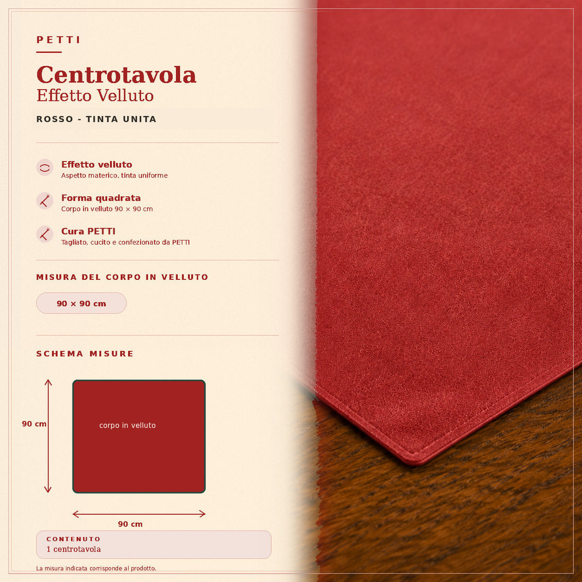 Centrotavola effetto velluto Rosso, 90 × 90 cm — scheda misure e contenuto