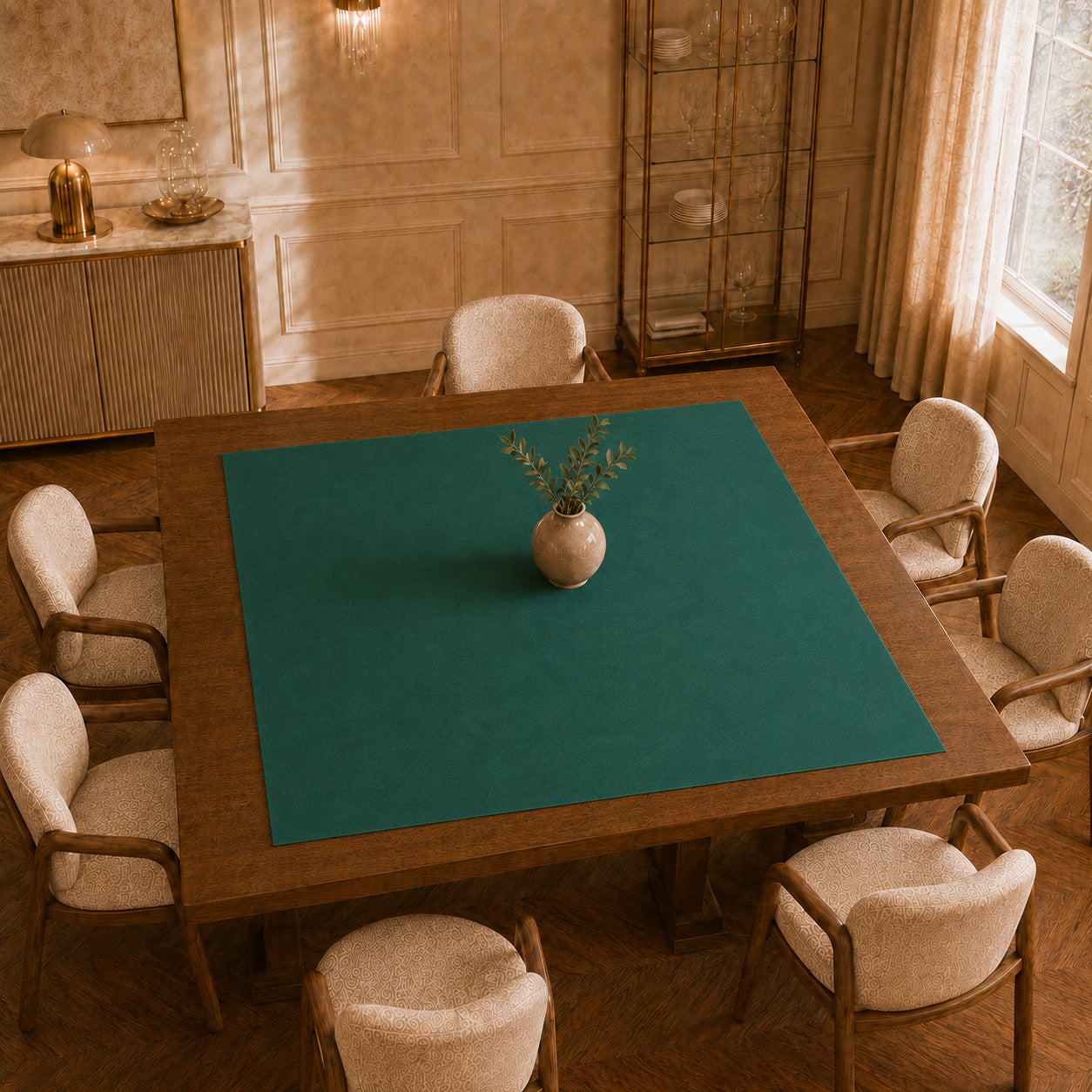 Centrotavola effetto velluto Smeraldo, 90 × 90 cm — vista dall’alto