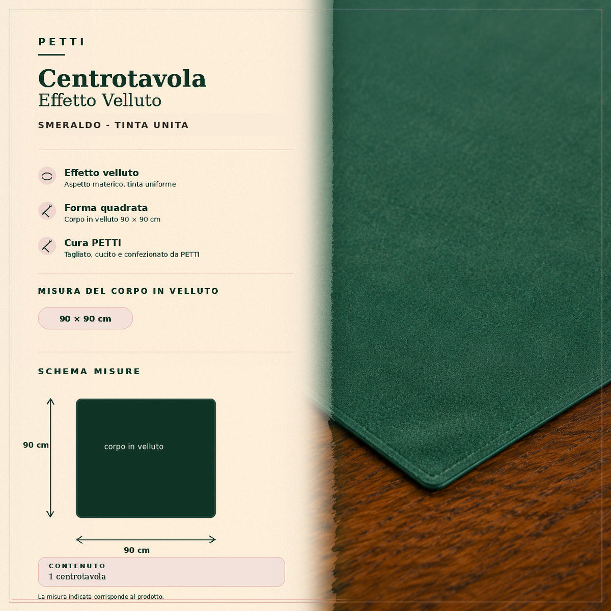 Centrotavola effetto velluto Smeraldo, 90 × 90 cm — scheda misure e contenuto