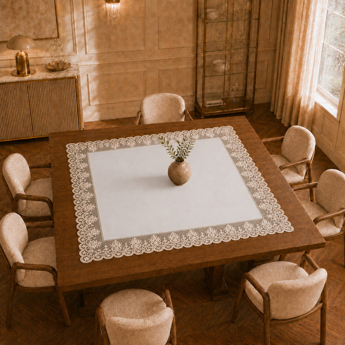 Centrotavola effetto velluto Bianco Ottico con Pizzo Rebrodé bianco, 90 × 90 cm — vista dall’alto