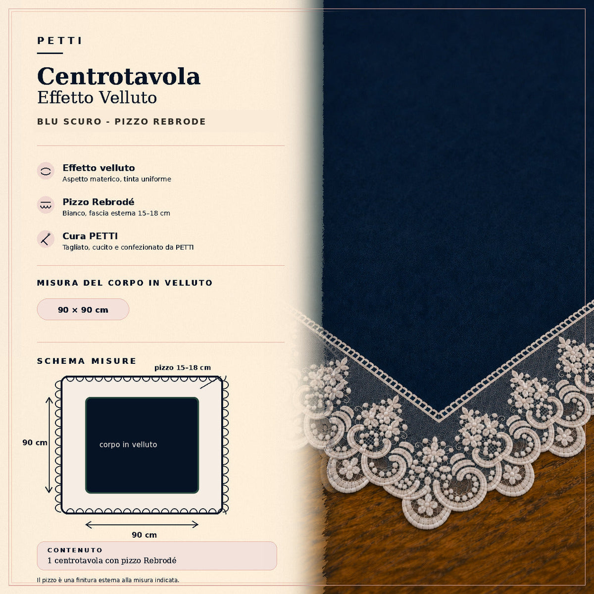 Centrotavola effetto velluto Blu Scuro con Pizzo Rebrodé bianco, 90 × 90 cm — scheda misure e contenuto